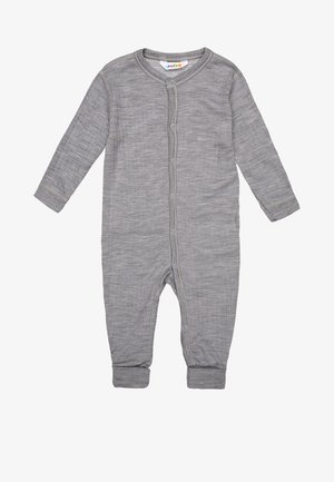 Un body gris à manches longues pour bébé, fabriqué en tissu doux avec une finition texturée, doté d'une fermeture à pression à l'avant et de manches à bords côtes.