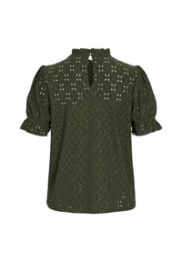 Olijfgroene blouse met pofmouwen, voorzien van decoratieve uitsnijpatronen, een keyhole rug en een ronde halslijn. Lichtgewicht stof.