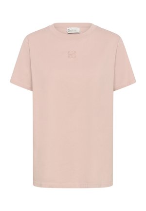 Világos rózsaszín rövid ujjú, kerek nyakú póló finoman dombornyomott logóval a nyakkivágás alatt középen.