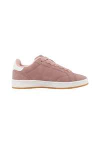 Light pink suede sneaker with round toe, lace-up design, white heel accent, and rubber sole. Smooth texture with minimal stitching details.