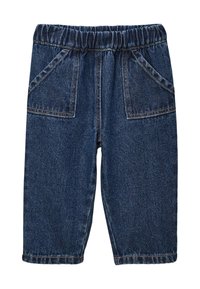 Pantalon en denim avec taille élastique, comprenant deux poches avant, de couleur bleu foncé et avec des coutures visibles. Coupe droite avec un bas ourlé.