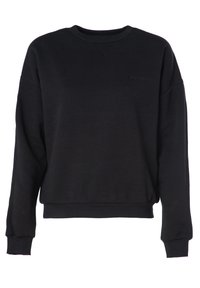 Sweatshirt noir en matière douce avec un col rond, des poignets et un ourlet côtelés. Édition avec un logo en relief sur le devant.