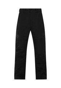 Zwarte waterdichte broek met een rechte snit, voorzien van twee voorkruiken, versterkte panelen en een met knopen sluitbare tailleband. Duurzame stofconstructie.