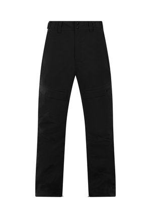 Pantaloni impermeabili neri con taglio dritto, dotati di due tasche anteriori, pannelli rinforzati e una vita con bottone. Tessuto resistente.