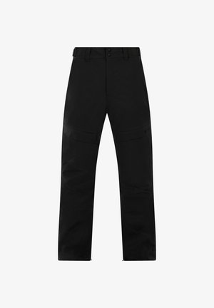 Pantaloni impermeabili neri con taglio dritto, dotati di due tasche anteriori, pannelli rinforzati e una vita con bottone. Tessuto resistente.