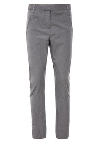 Harmaat räätälöidyt housut, jotka on valmistettu teksturoidusta kankaasta. Housuissa on tasainen etuosa, sivutaskut ja slim fit -muotoilu.