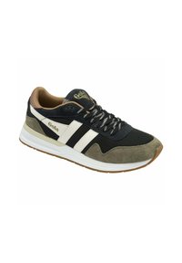 Schwarzer und grüner sportlicher Sneaker aus Wildleder und Mesh, mit weißen Streifen, braunen Akzenten und einer strukturierten Gummisohle.