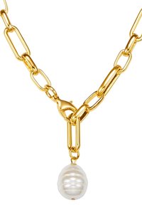 Gold chain necklace featuring elongated links, accented with a suspended, textured white pearl pendant.