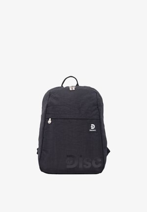 Schwarzer rechteckiger Rucksack mit Frontreißverschlussfach, obenliegendem Griff und kleinem Discovery-Logo-Patch auf der Vorderseite.