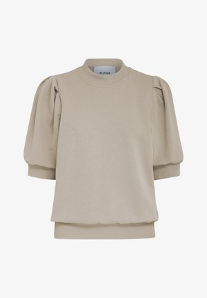 Felpa beige con collo rotondo, maniche corte a sbuffo e polsini a costine. Realizzata in tessuto morbido con una vestibilità ampia e una texture sottile.