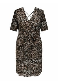 Leopardmönstrad klänning med korta ärmar, V-ringning och midjeband. Tillverkad av ett lätt tyg med en flödande design.