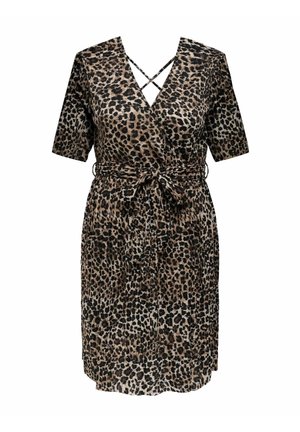 Robe imprimée léopard avec des manches courtes, décolleté en V et une ceinture à la taille. Fabriquée en tissu léger avec un design fluide.