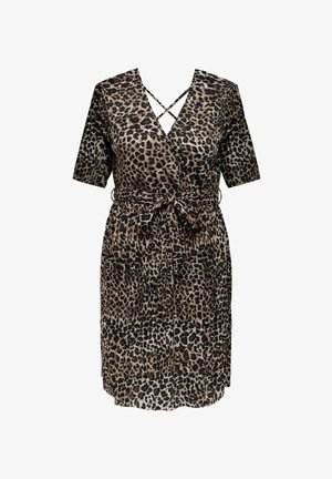 Vestido de leopardo con mangas cortas, escote en V y cinturón en la cintura. Hecho de una tela ligera con un diseño fluido.