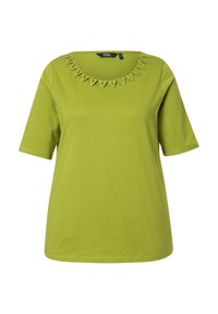 T-shirt verde a maniche corte con scollatura quadrata e dettagli a triangolo ritagliati. Realizzato in tessuto morbido e strutturato.