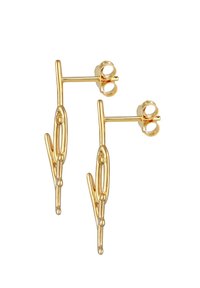 Goldfarbene Ohrringe mit minimalistischem Design, die verlängerte, stiftartige Formen und runde Verschlüsse für eine sichere Befestigung aufweisen.