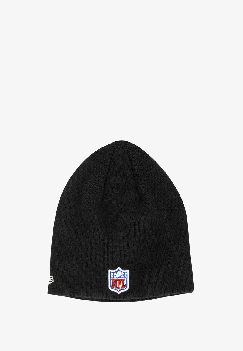 Black knit beanie with a tapered design. Features an embroidered NFL logo in red, white, and blue on the front. Soft texture and stretchy fit.