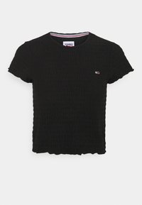 Black textured short-sleeve cropped T-shirt with a round neckline and small Tommy Jeans logo on the left chest.