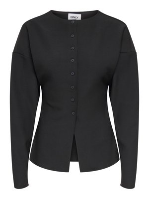 Schwarze, langärmlige Strickjacke mit Knopfleiste, rundem Ausschnitt, tailliertem Schnitt und leichtem Schlitz vorne am Saum.