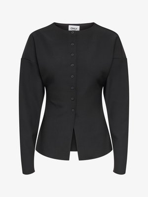 Cardigan noir à manches longues avec boutons, col rond, coupe ajustée et légère fente à l'avant de l'ourlet.