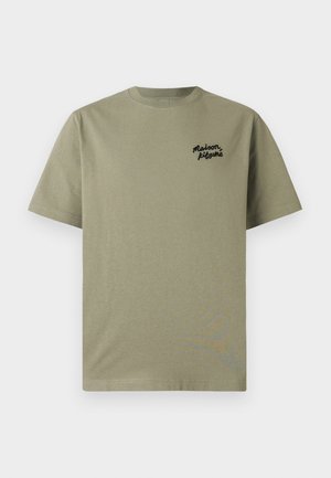 Olive green cotton t-shirt with short sleeves and crew neck. Features black embroidered text on the left chest, smooth texture, and straight hem.