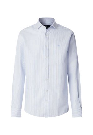 Lichtblauw-wit gestreept overhemd voor heren met lange mouwen, knoopsluiting bij de hals en knoopmanchetten.