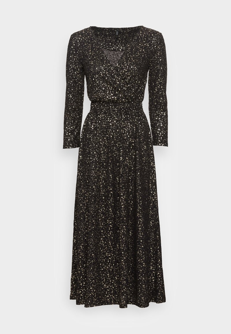Robe midi noire à manches longues avec encolure en V et motif blanc tacheté, taille cintrée et jupe fluide.