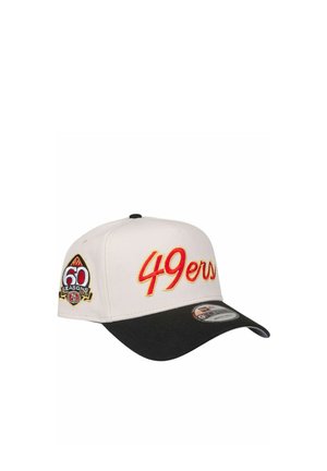 White and black baseball cap with "49ers" in red and gold on front and "60 Seasons 1946-2005" patch on the side.