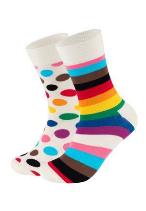 Colorful cotton socks: one with multicolored polka dots on a cream background, the other with horizontal stripes in vibrant colors.