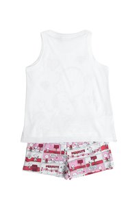Top blanco sin mangas combinado con pantalones cortos para niños con estampado de tiras cómicas de Peanuts en tonos rosa y rojo.