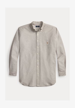 Hellgraues Hemd mit langen Ärmeln, Knöpfen, Kragen und kleinem eingesticktem Polo Ralph Lauren-Logo auf der linken Brust.