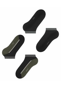 Pack mit vier Paar Knöchelsocken in Schwarz und Olivgrün. Verfügt über kontrastierende graue Bündchen und eine glatte, elastische Textur.