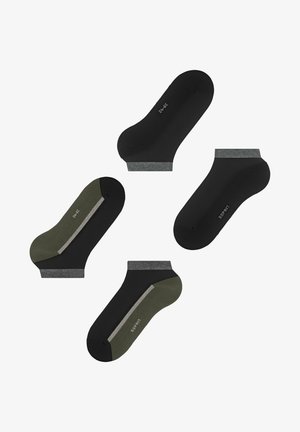 Pack mit vier Paar Knöchelsocken in Schwarz und Olivgrün. Verfügt über kontrastierende graue Bündchen und eine glatte, elastische Textur.