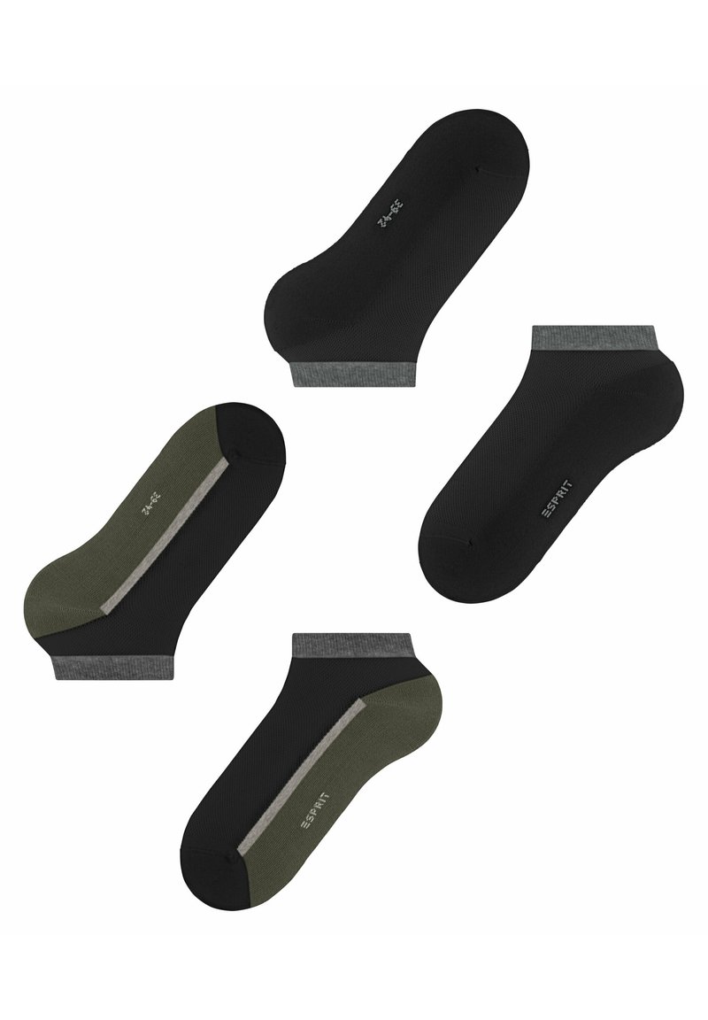 Pack mit vier Paar Knöchelsocken in Schwarz und Olivgrün. Verfügt über kontrastierende graue Bündchen und eine glatte, elastische Textur.