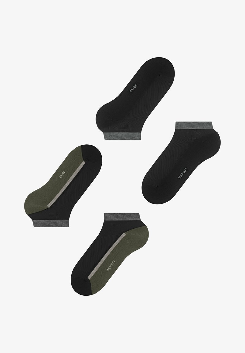 Pack mit vier Paar Knöchelsocken in Schwarz und Olivgrün. Verfügt über kontrastierende graue Bündchen und eine glatte, elastische Textur.