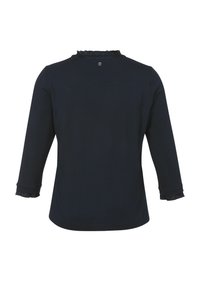 Marineblauwe blouse met lange mouwen, voorzien van een gerimpelde halslijn en manchetten, gemaakt van zachte stof. Het shirt heeft een ronde onderrand en een klein logo op de achterkant.