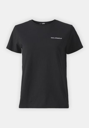 Czarny bawełniany t-shirt z klasycznym okrągłym dekoltem, krótkimi rękawami i białym logo "KARL LAGERFELD" na piersi, napisanym prostą czcionką.