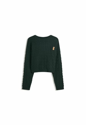 Green cable-knit sweater with a cropped design and long sleeves, featuring a small embroidered dog on the left chest area.