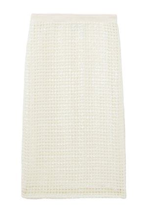 Jupe blanche, mi-longue, en tissu texturé à motif gaufré, avec une taille élastique douce pour plus de confort.
