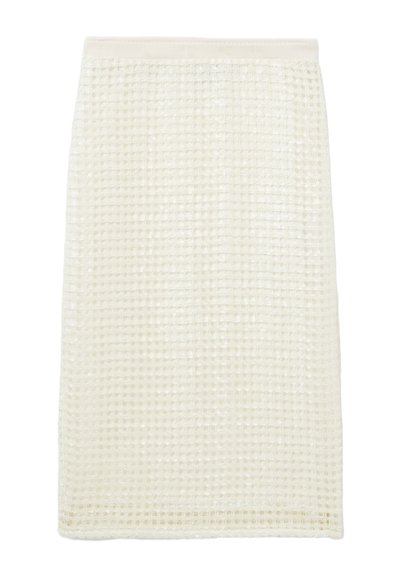 Jupe blanche, mi-longue, en tissu texturé à motif gaufré, avec une taille élastique douce pour plus de confort.