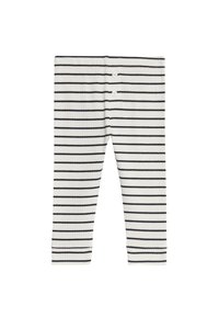 Ribbade bomullsleggings i vitt med marinblå horisontella ränder, två knappar i midjan och raka ben.