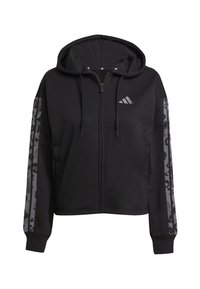 Felpa nera con zip e cappuccio foderato, maniche grigie con motivo e logo Adidas sul petto. Realizzata in tessuto morbido e strutturato.