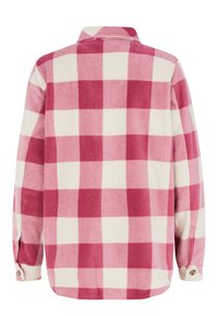 Chemise en flanelle à carreaux rouges et blancs avec col à boutons, manches longues et ourlet droit. La texture est douce et duveteuse.