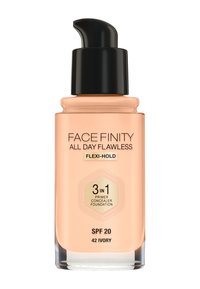 Face Finity All Day Flawless foundation i en klar glasflaske, ferskenfarvet væske, med et sort pumpelåg; mærket 3 i 1, SPF 20, skygge 42 Ivory.