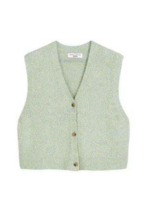 Grüner Strickpullover mit V-Ausschnitt, ärmellosem Design und fünf vorderen Knöpfen. Weicher Stoff und lässige Passform, ideal zum Layering.
