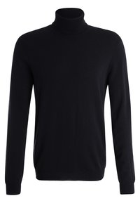 Svart polo-tröja i slät stickad tyg. Har långa ärmar, en hög hals och åtsittande mudd och nederkant. Enkel design, utan mönster.