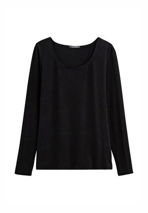 Haut noir à manches longues en tissu doux. Présente un col rond et une coupe décontractée, sans motifs ni décorations.