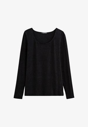 Haut noir à manches longues en tissu doux. Présente un col rond et une coupe décontractée, sans motifs ni décorations.