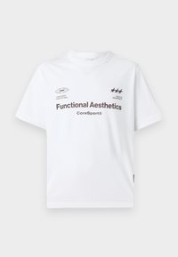 White cotton t-shirt with short sleeves, featuring brown text and logos. Simple round neckline, slightly loose fit, minimalistic design.
