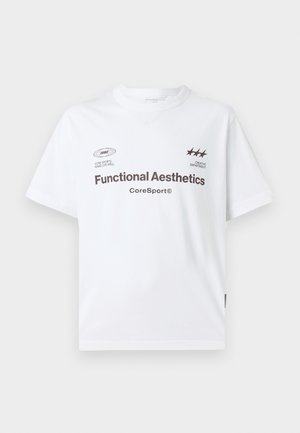 White cotton t-shirt with short sleeves, featuring brown text and logos. Simple round neckline, slightly loose fit, minimalistic design.