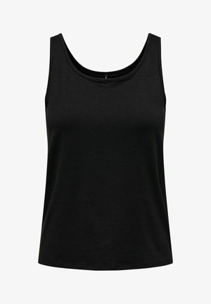 Juodas be rankovių marškinėliai, pagaminti iš lygaus, tampraus audinio. Turi apvalų iškirpimą ir siaurą siluetą. Nėra matomų logotipų ar raštų.